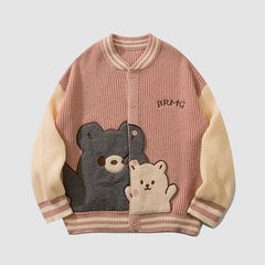 Bear Pattern Color Block Cardigan Knit Sweater