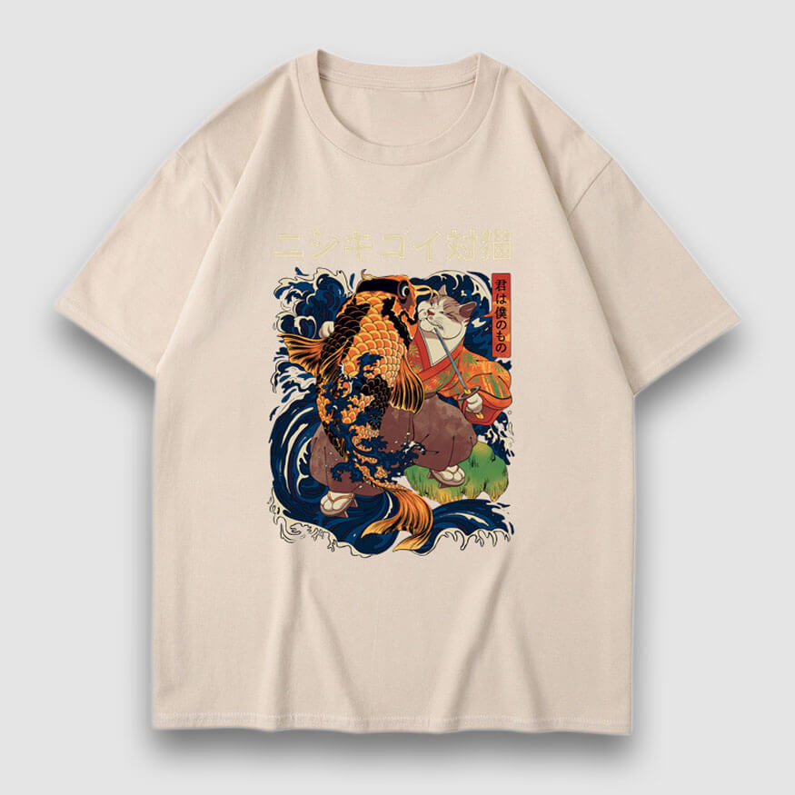 T-Shirt mit Goldfisch- und Katzen-Illustrationsdruck