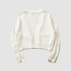 Button Decor Pom-Pom Cropped Cardigan Sweater