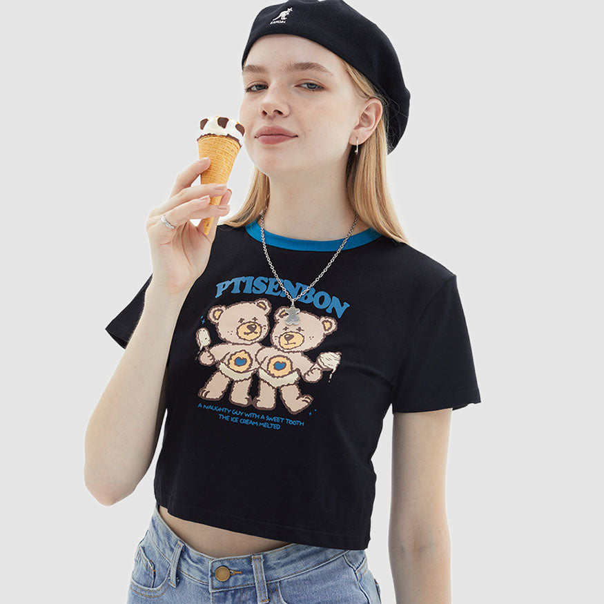 Cartoon Bear Print Crop Top