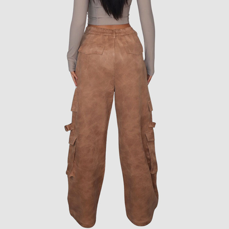 Suede Multi Pocket Wide Leg Cargo Pants