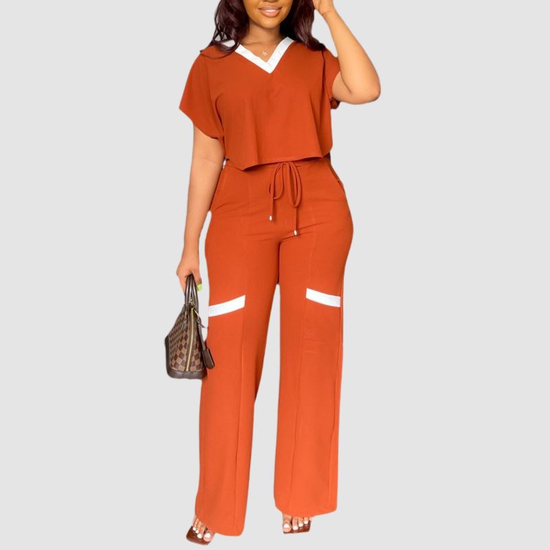 V-neck Color Contrast Tee & Wide Leg Pants Set