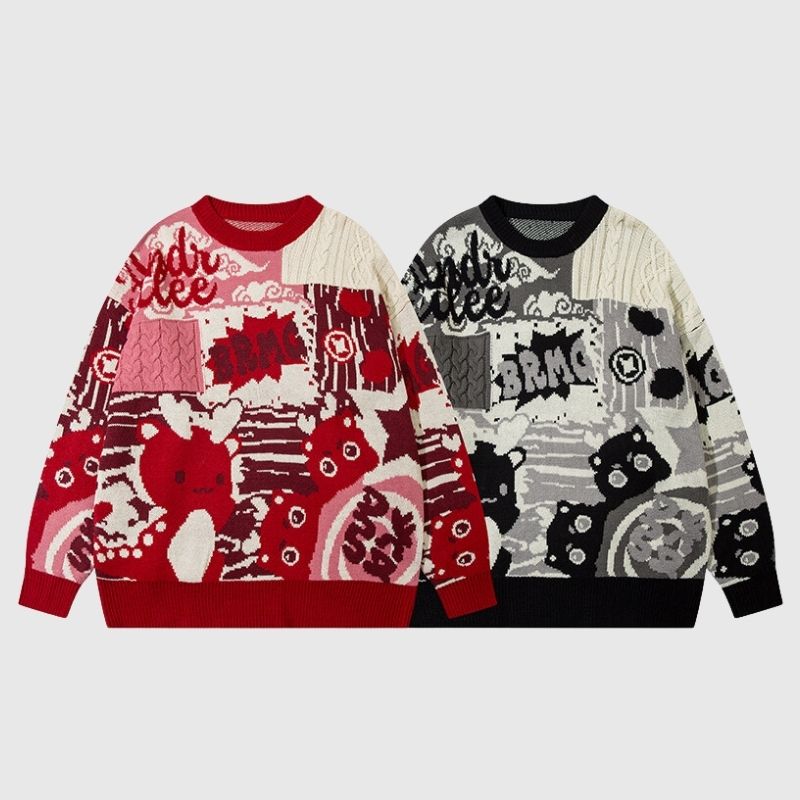 Cartoon Dragon Patchwork Jacquard Pullover