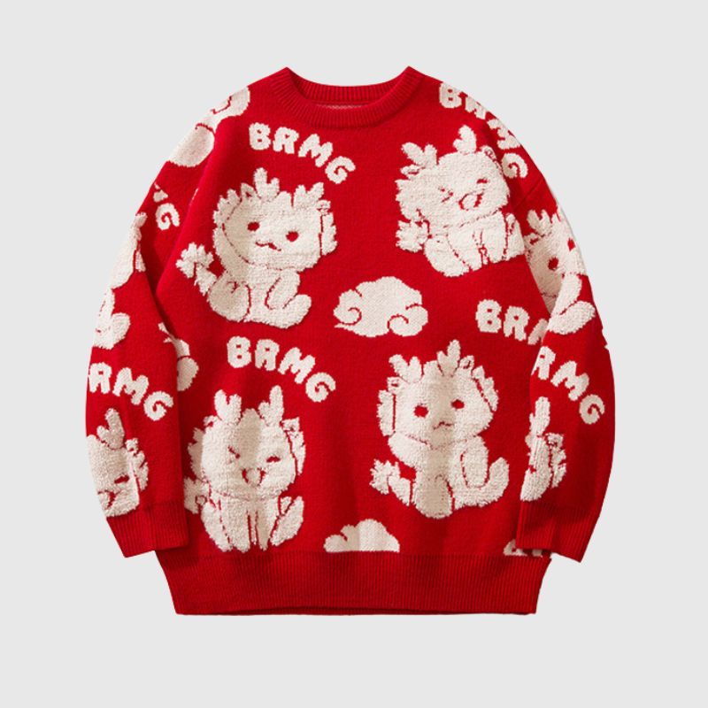 Cartoon Dragon  Round Neck Knit Sweater