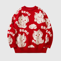 Cartoon Dragon  Round Neck Knit Sweater