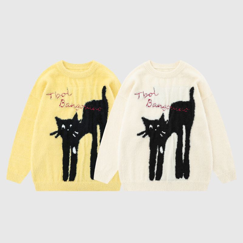 Jacquard-Pullover mit Cartoon-Katzen-Muster