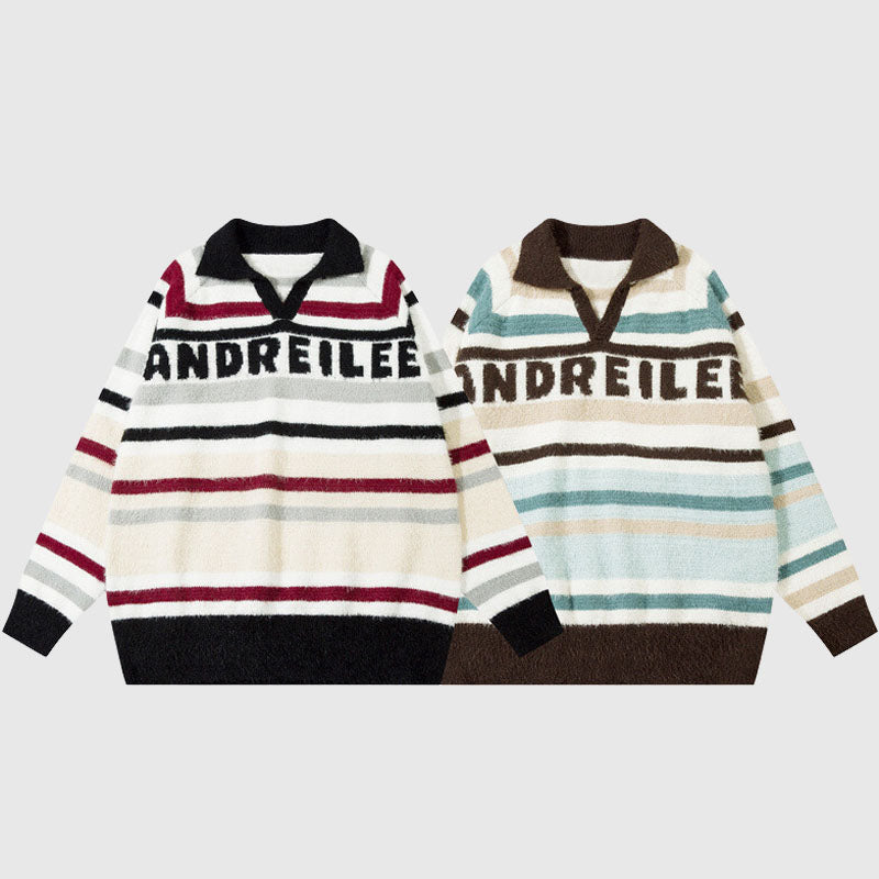 Letter Embroidered Color-blocked Stripe Pullover