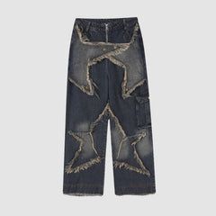 Star Pattern Frayed Patchwork Jeans