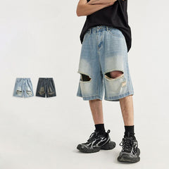 Scratched Ripped Denim Shorts