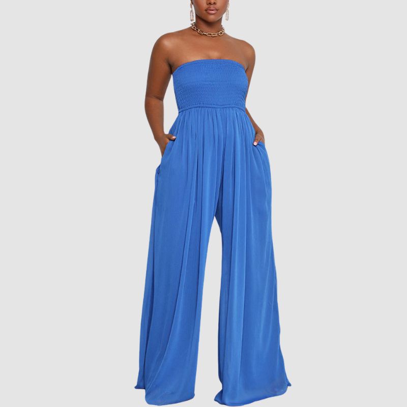 Einfarbiger Jumpsuit mit Tube-Top und weitem Bein