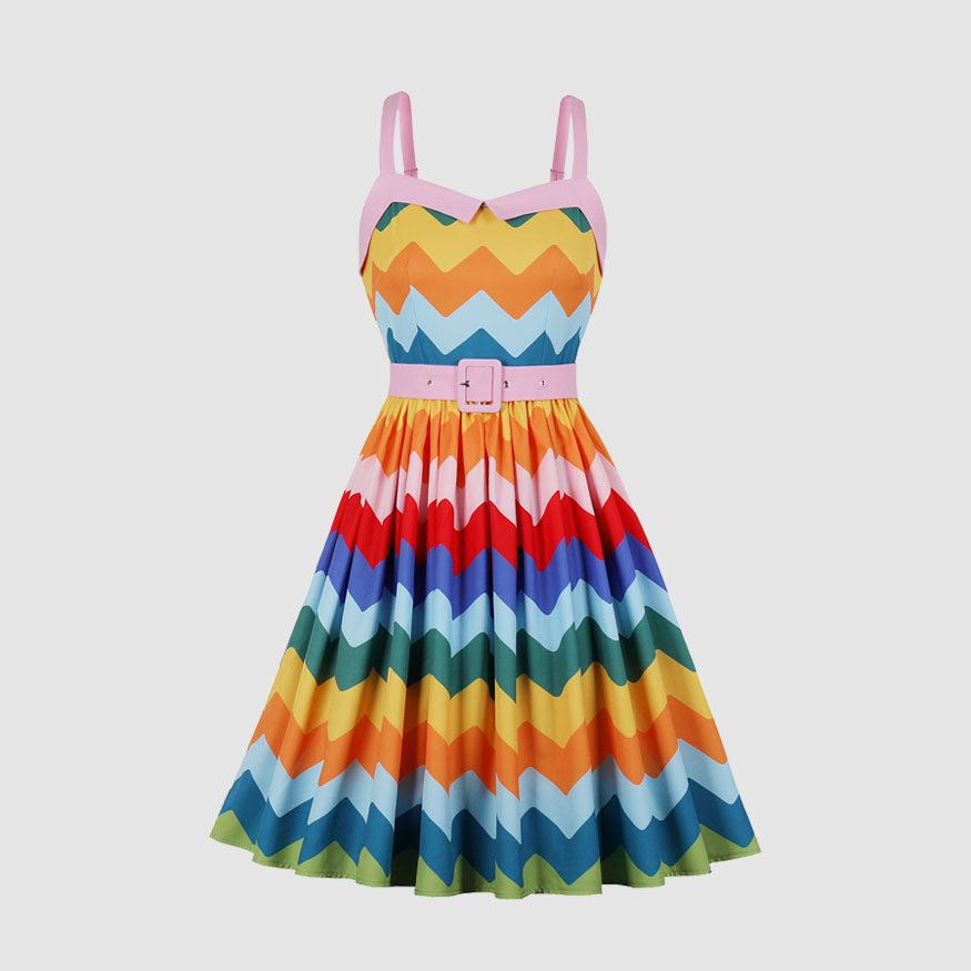 OLUOLIN-Rainbow Wave Print A-line Midi Dress