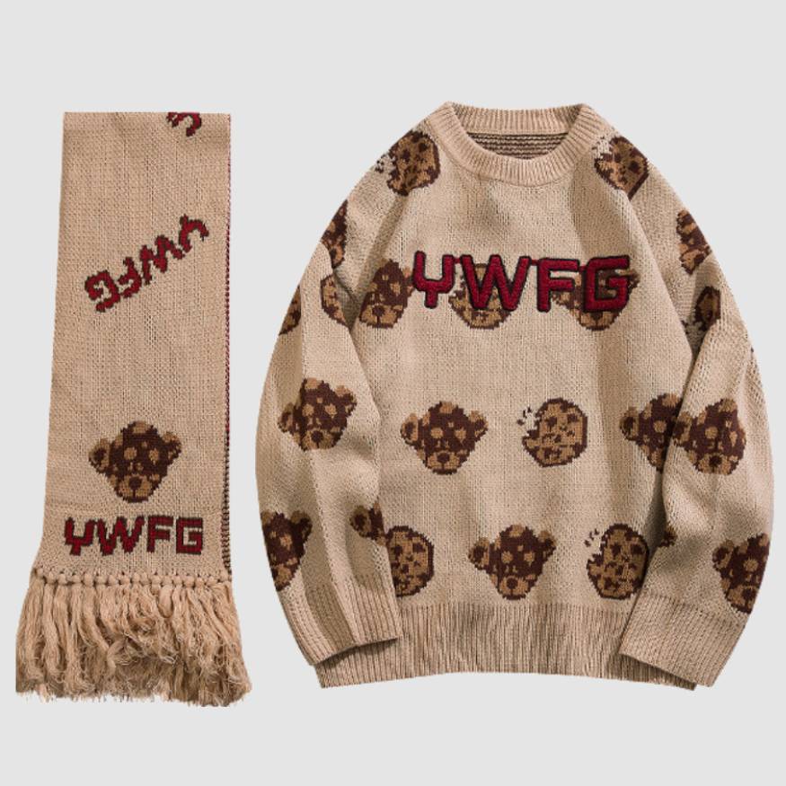 Cute Bear Printed Sweater + Scarf