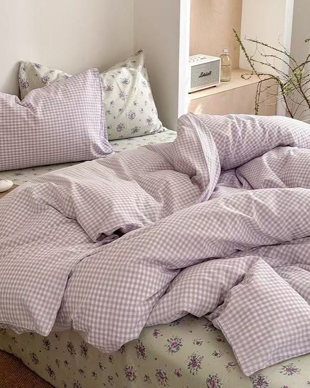 Chloe Pastel Candy Cotton Bedding Set - Pink Plaid