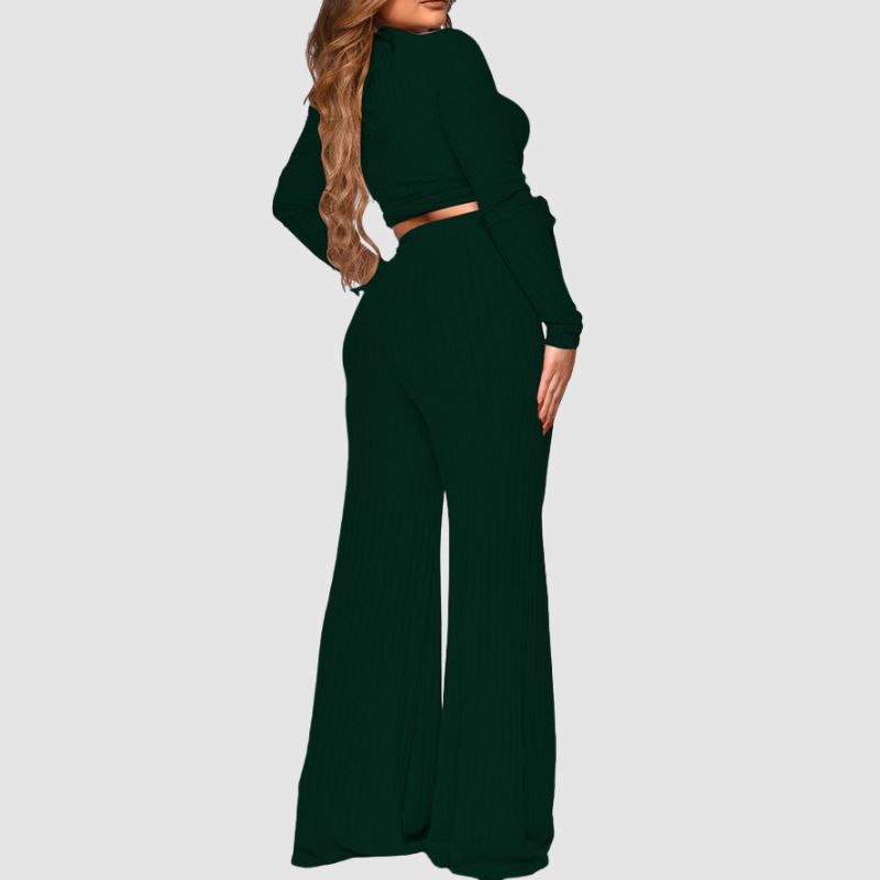 Ribbed Knit Tie-up Top & Wide Leg Pant Set