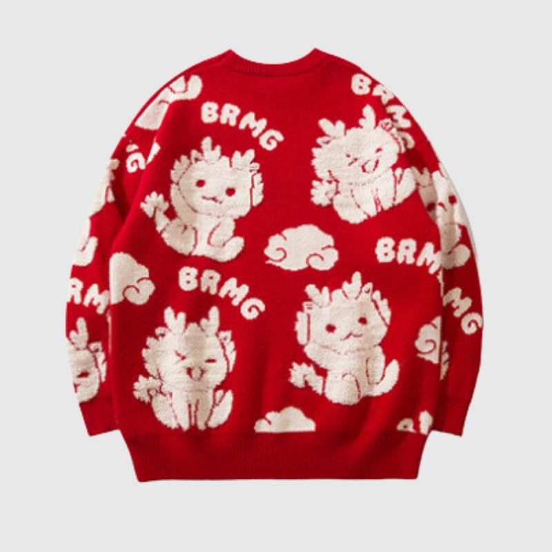 Cartoon Dragon  Round Neck Knit Sweater