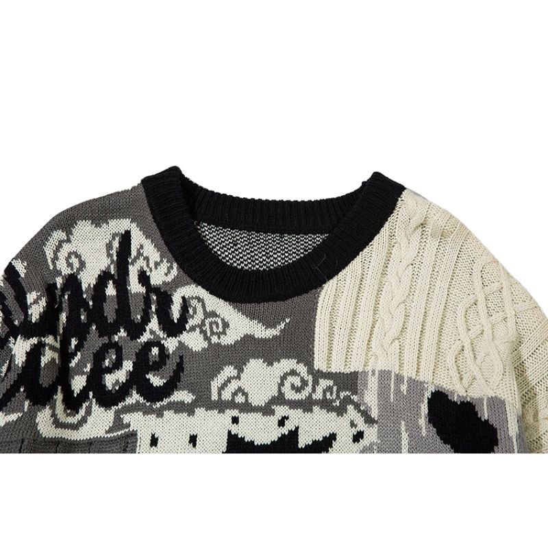 Cartoon Dragon Patchwork Jacquard Pullover