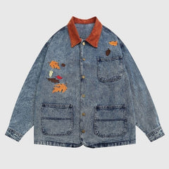 Chaqueta vaquera multibolsillos con bordado de follaje