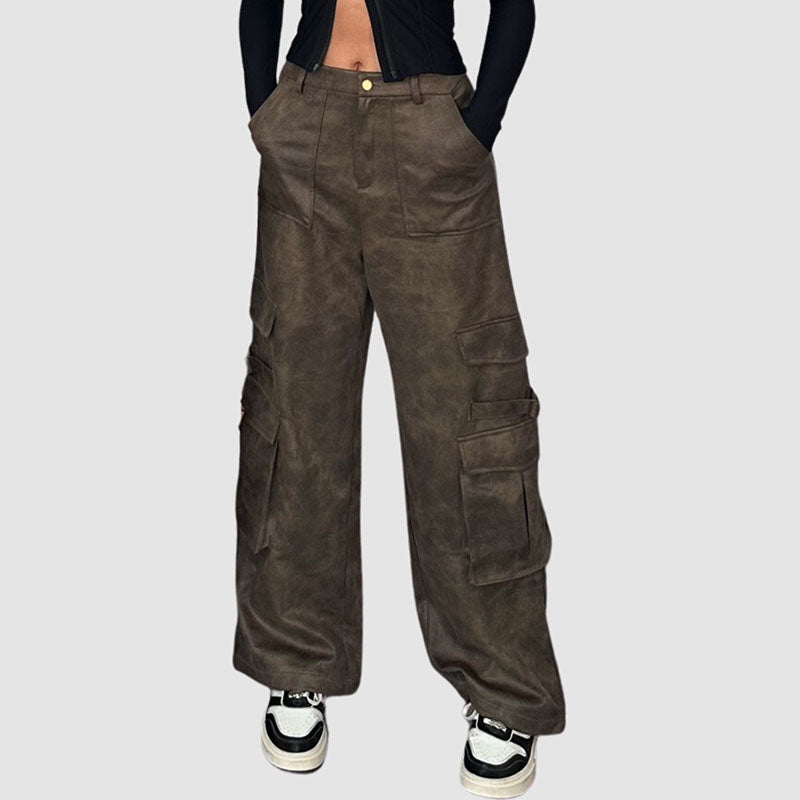 Suede Multi Pocket Wide Leg Cargo Pants