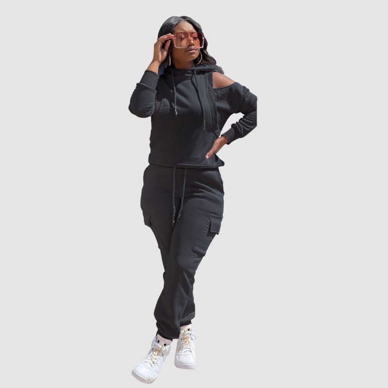 Off Shoulder Hoodies & Pocket Patchwork Pant Set