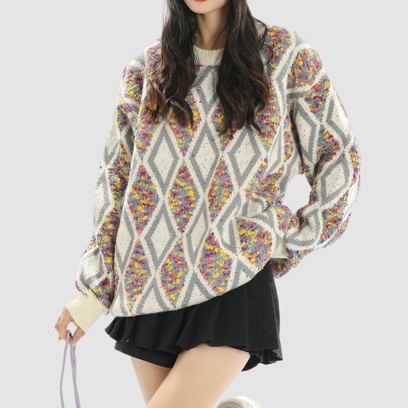 Color Contrast Argyle Knit Pullover