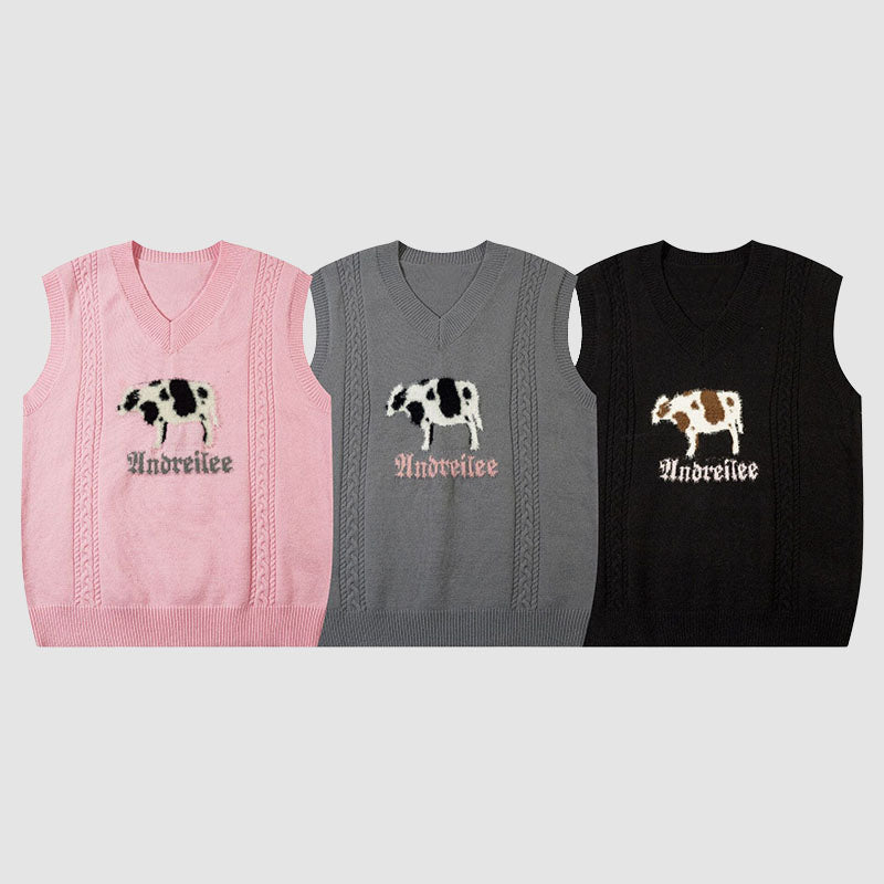 Cartoon Cow Embroidered Vest Sweater