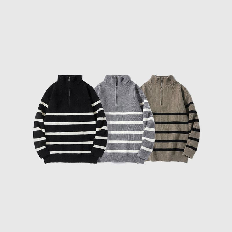 Mock Neck Lapel Stripe Pullover