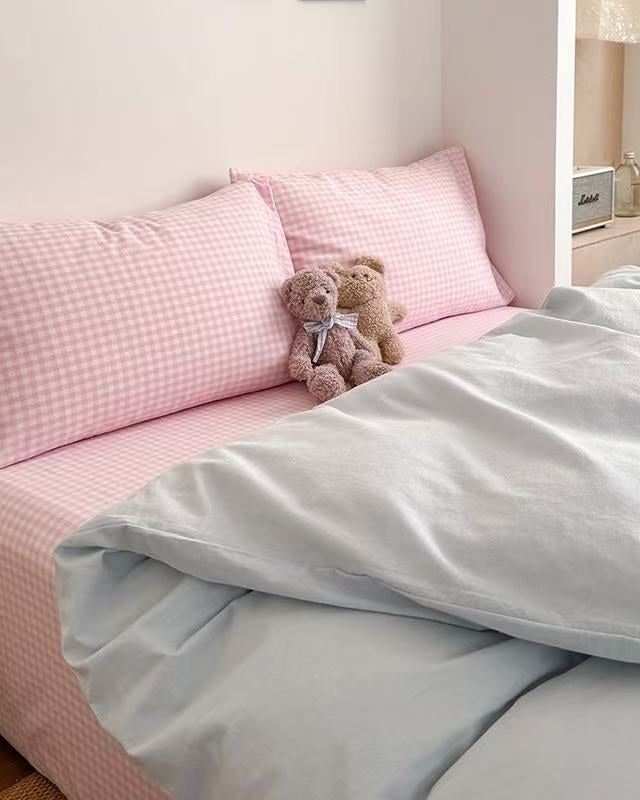 Chloe Pastel Candy Cotton Bedding Set - Pink Plaid