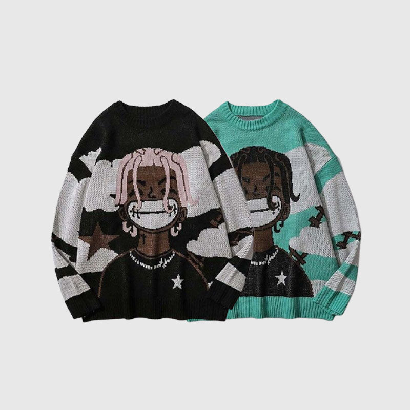 Cartoon Face Printed Pullover