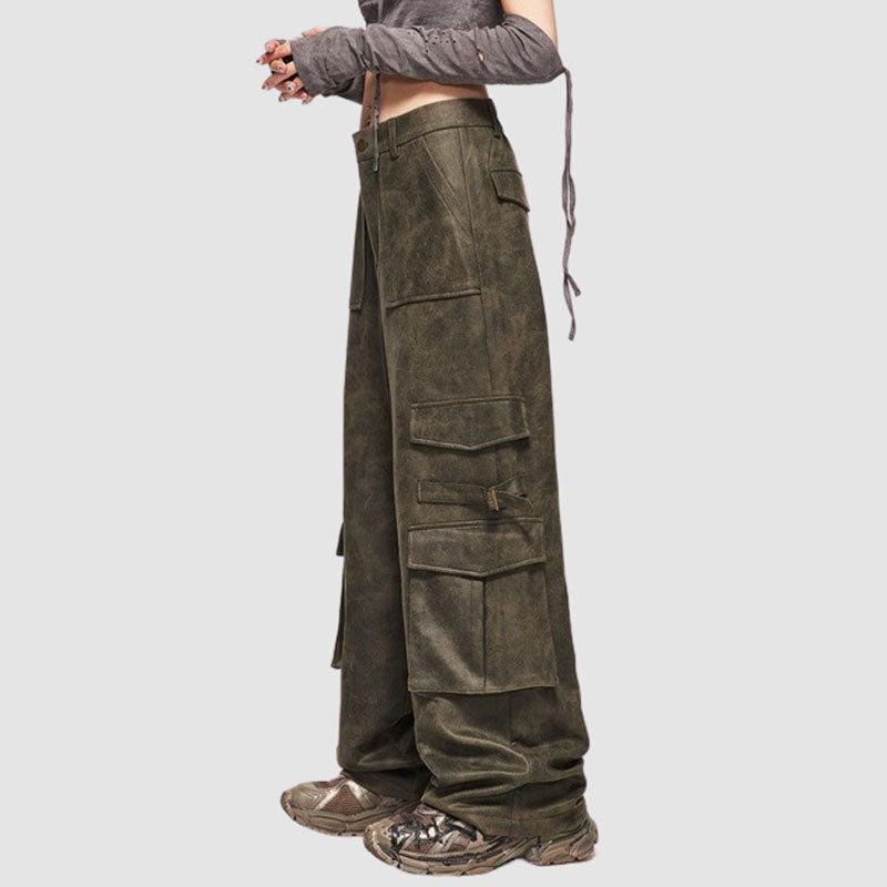 Suede Multi Pocket Wide Leg Cargo Pants