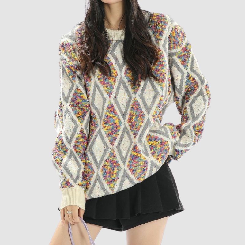 Color Contrast Argyle Knit Pullover