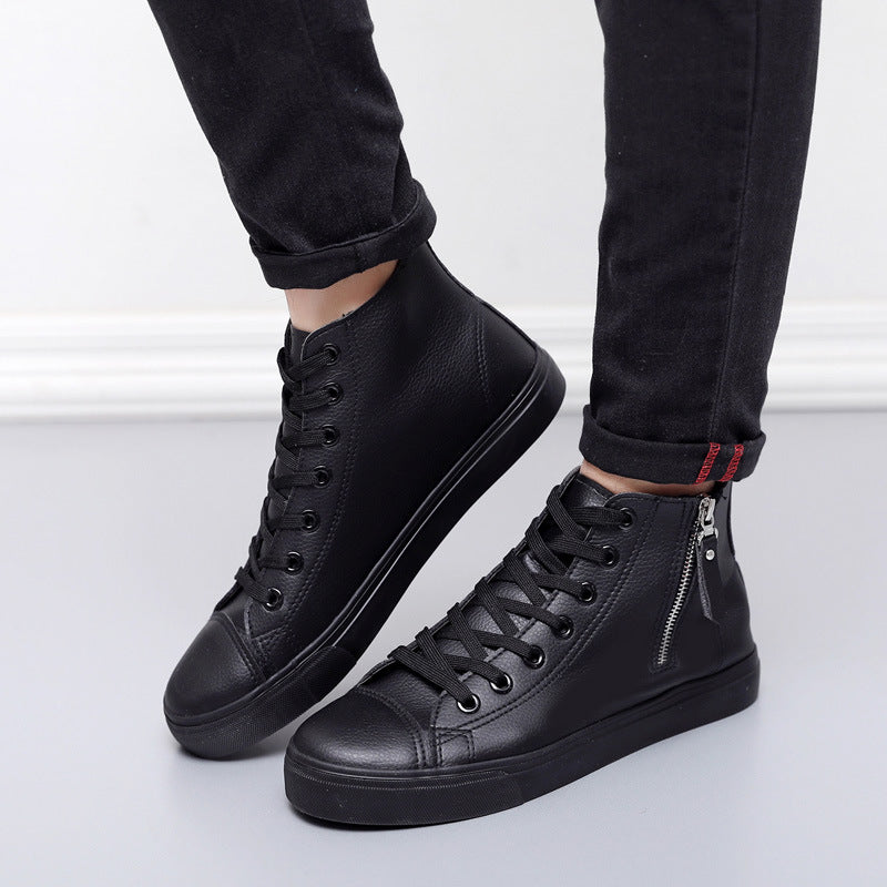 Men's Black Side Zipper Barber Korean Casual Shoes