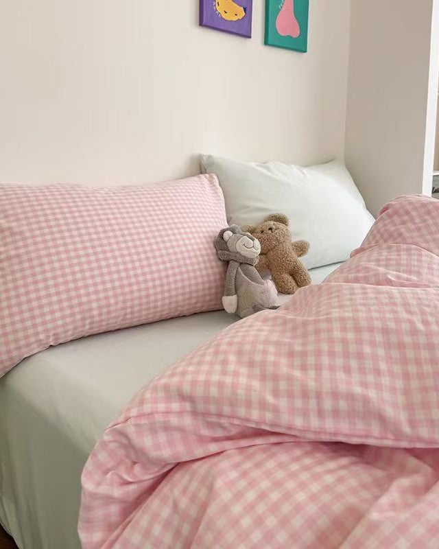 Chloe Pastel Candy Cotton Bedding Set - Pink Plaid