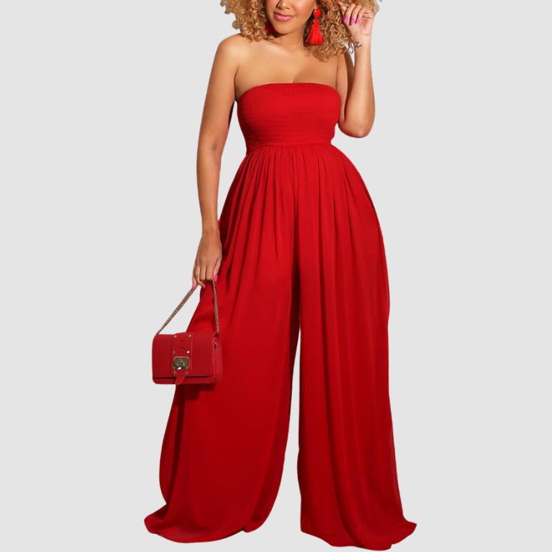 Einfarbiger Jumpsuit mit Tube-Top und weitem Bein