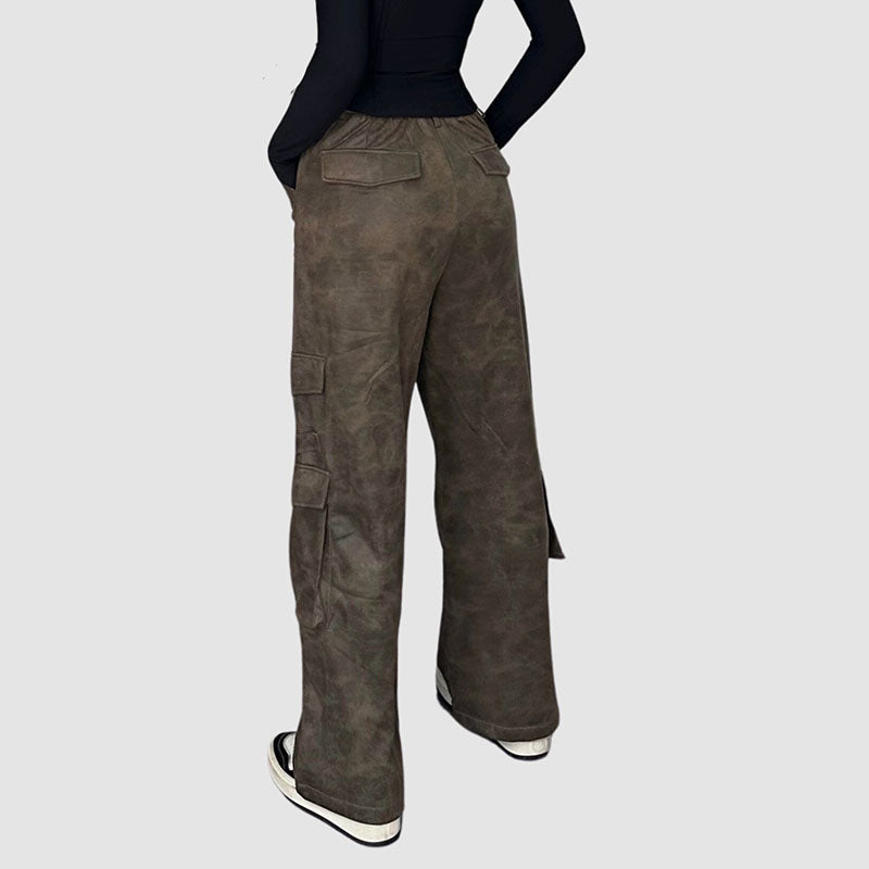 Suede Multi Pocket Wide Leg Cargo Pants