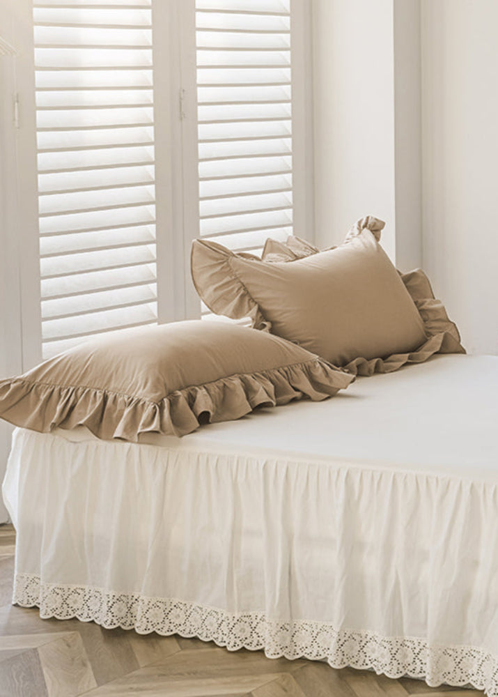 Amelia Ruffled Lace Washed Cotton Bedding Set - White & Brown