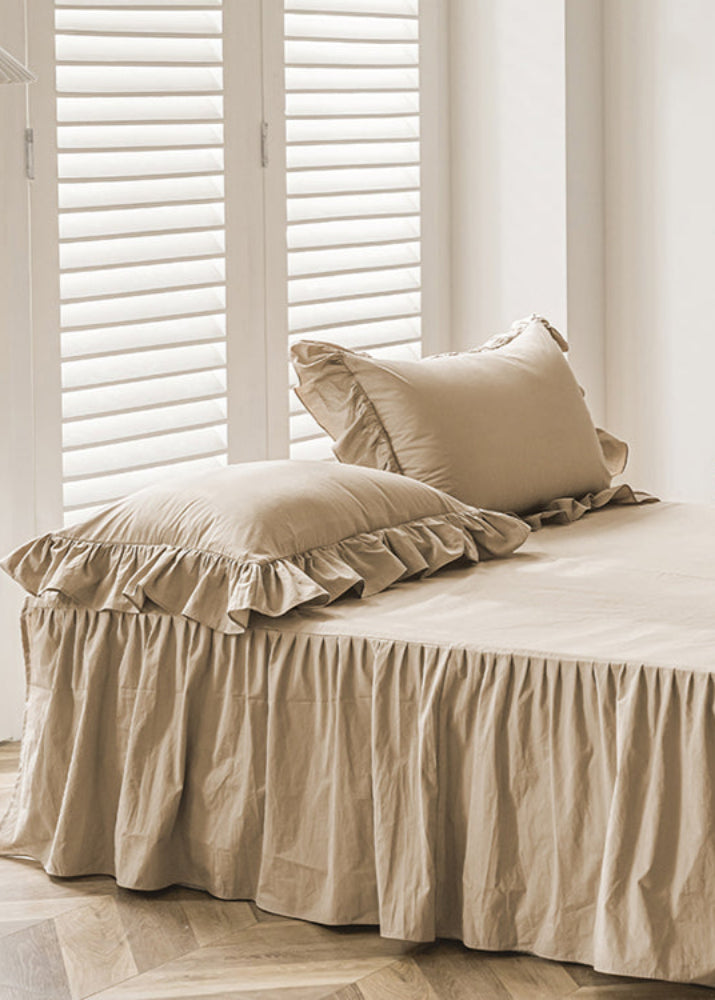Amelia Ruffled Lace Washed Cotton Bedding Set - White & Brown