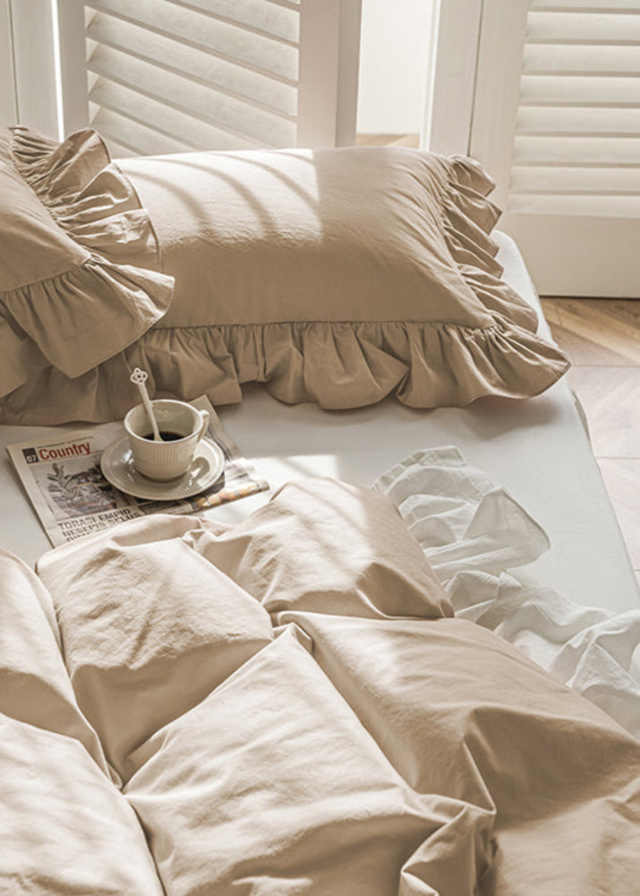 Amelia Ruffled Lace Washed Cotton Bedding Set - White & Brown
