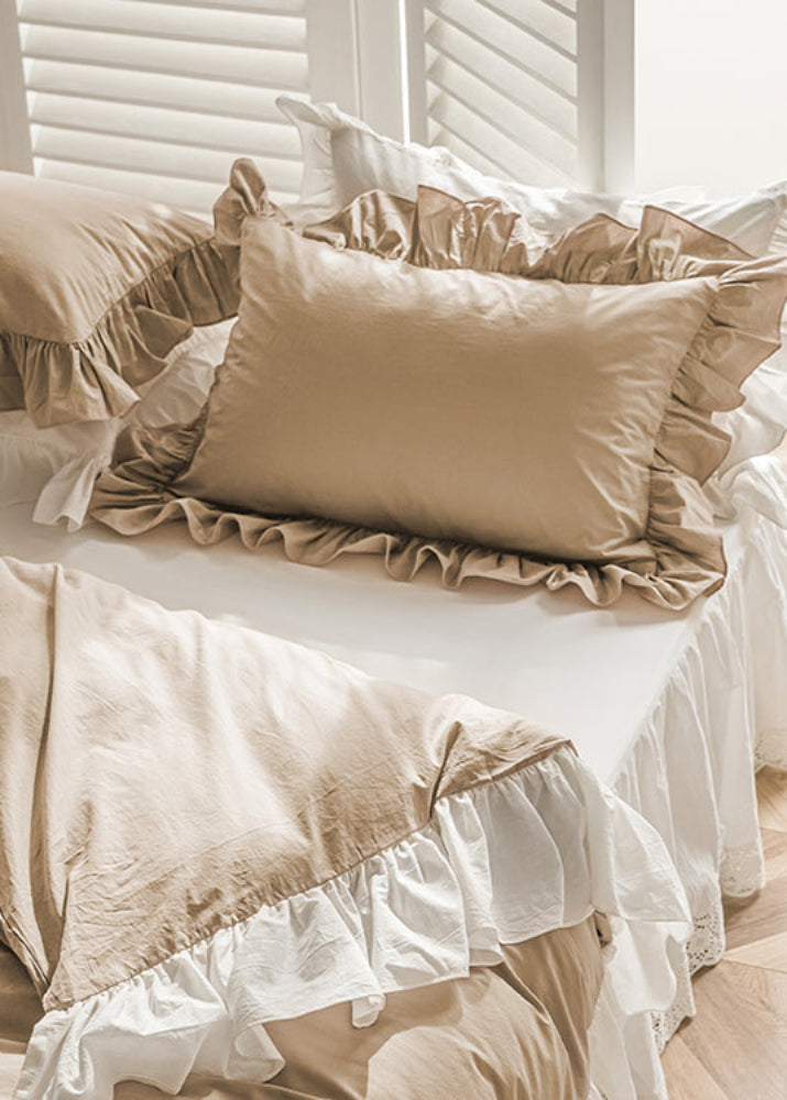 Amelia Ruffled Lace Washed Cotton Bedding Set - White & Brown