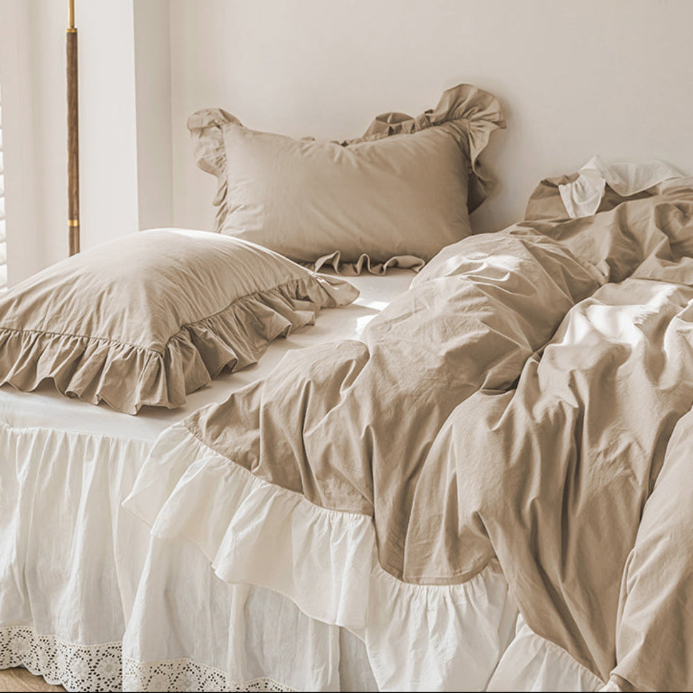 Amelia Ruffled Lace Washed Cotton Bedding Set - White & Brown