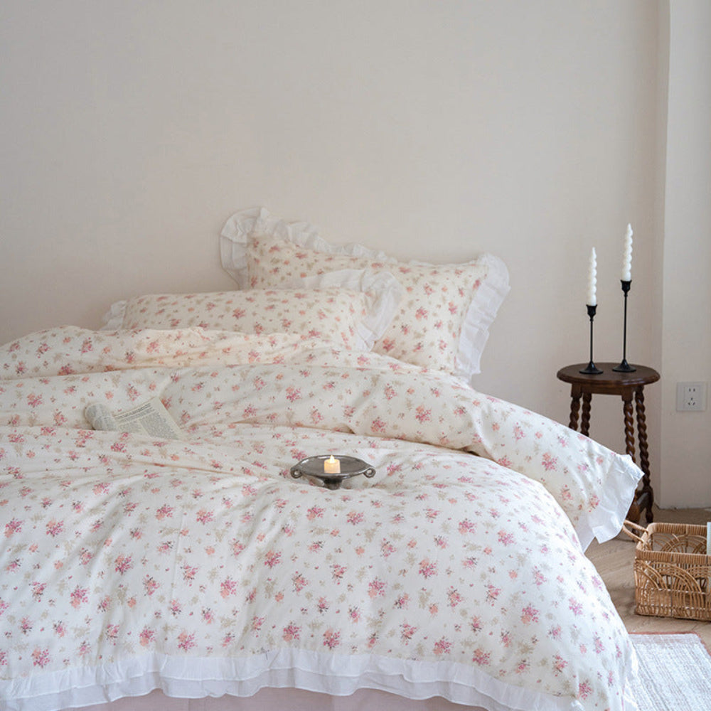Annie Lace Ruffle Floral Bedding Set - Pink