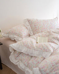 Annie Lace Ruffle Floral Bedding Set - Pink