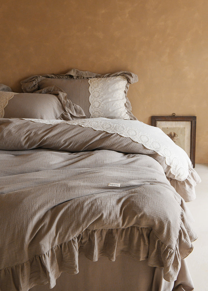 Audrey Retro Lace Embroidered Bedding Set - Beige