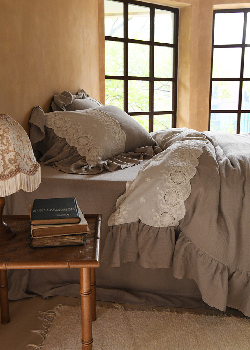 Audrey Retro Lace Embroidered Bedding Set - Beige