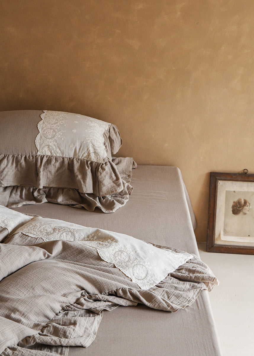Audrey Retro Lace Embroidered Bedding Set - Beige