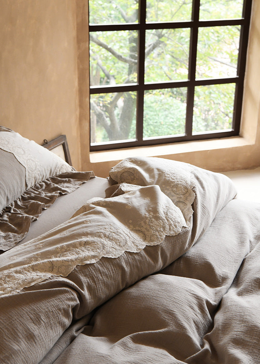 Audrey Retro Lace Embroidered Bedding Set - Beige
