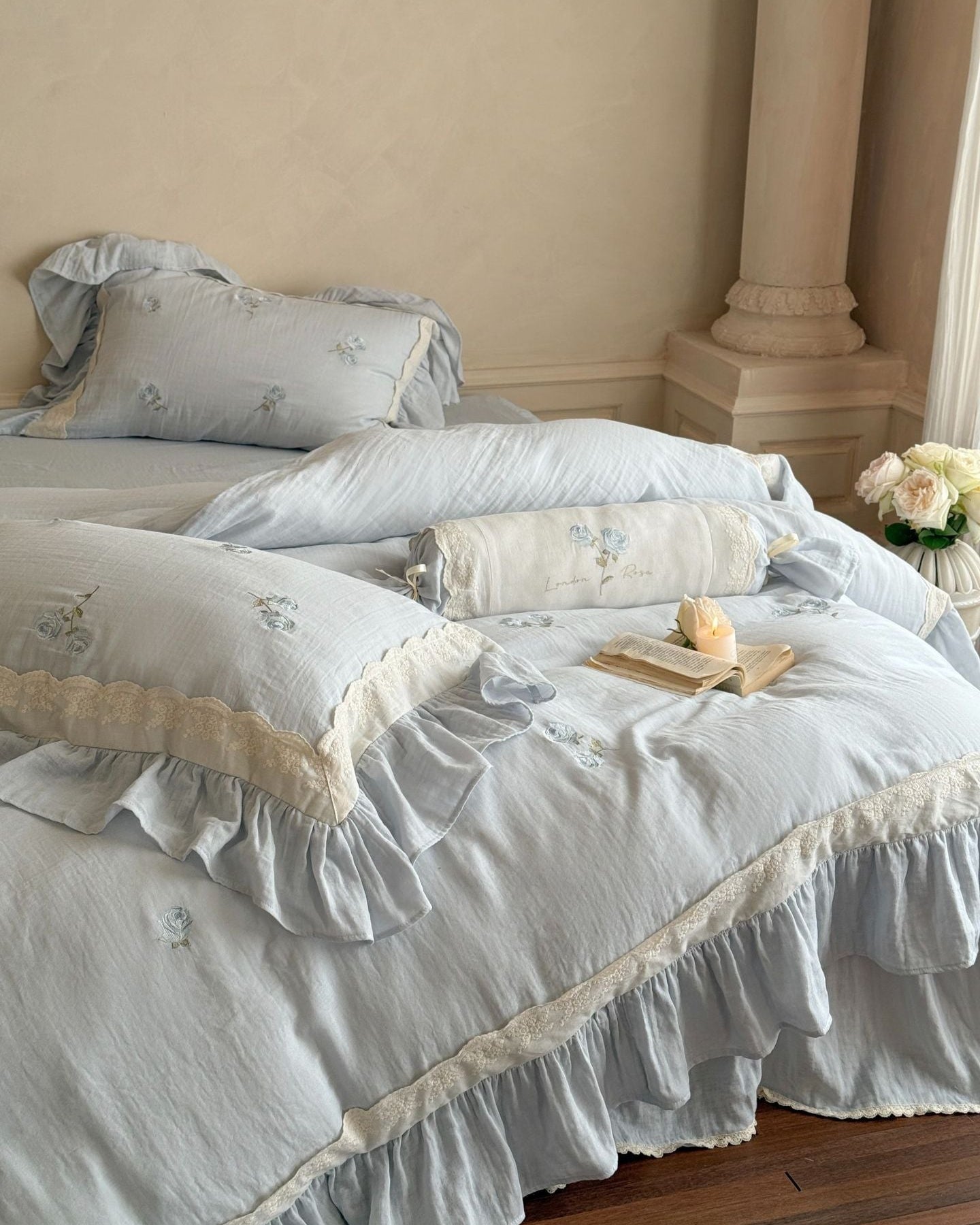 Beatrice Rose Lace Ruffle Bedding Set - Blue