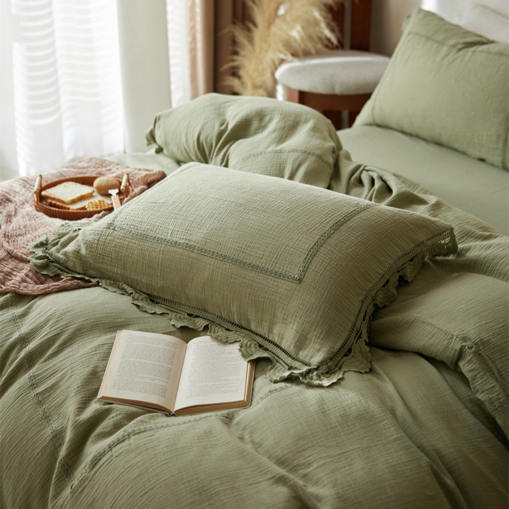 Isadora Lace Ruffle Double Gauze Bedding Set - Green
