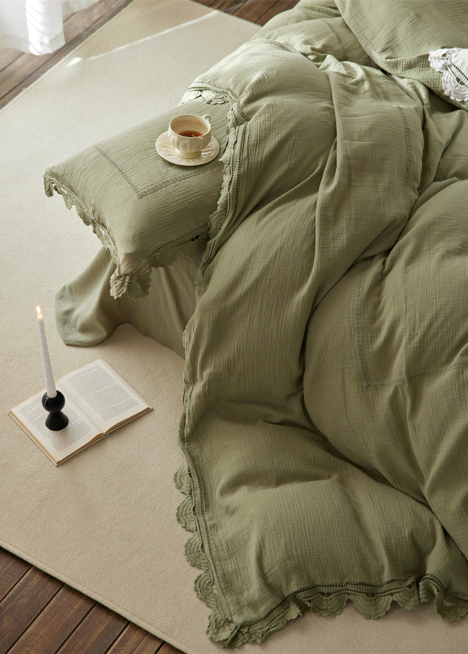 Isadora Lace Ruffle Double Gauze Bedding Set - Green