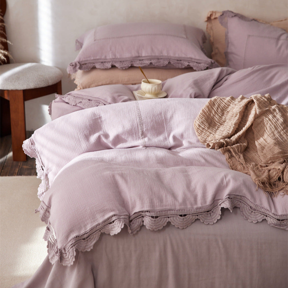 Isadora Lace Ruffle Double Gauze Bedding Set - Brown