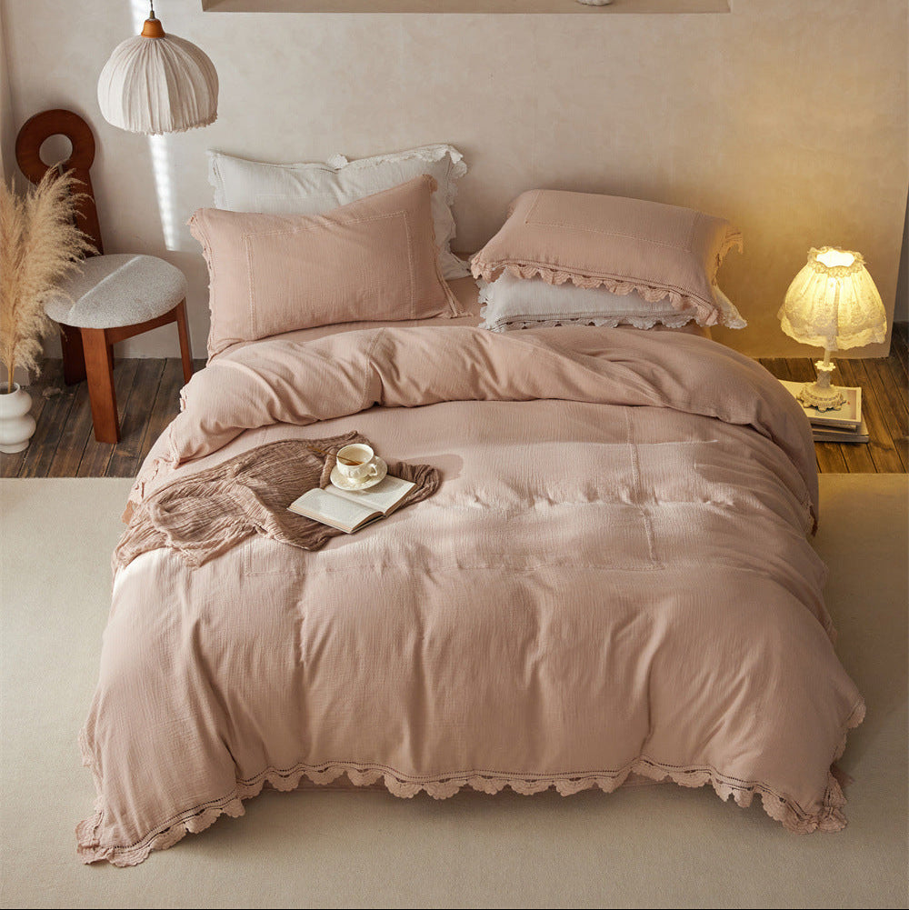 Isadora Lace Ruffle Double Gauze Bedding Set - Brown